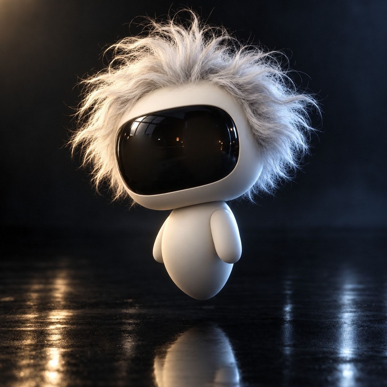 AISTEIN: un pequeño robot blanco con pelo gris despeinado y un visor negro con dos ojos de luz cálida